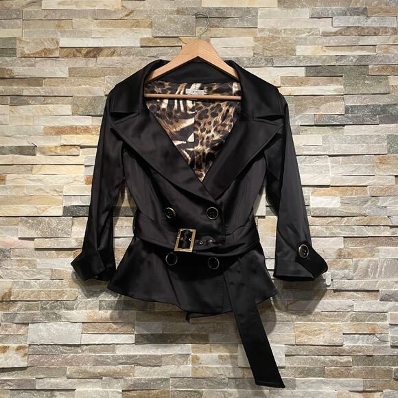 Cache XS Satin Blazer | Leopard Lining, Belted, Gold Buttons, Y2K Glam NWOT - Picture 4 of 9